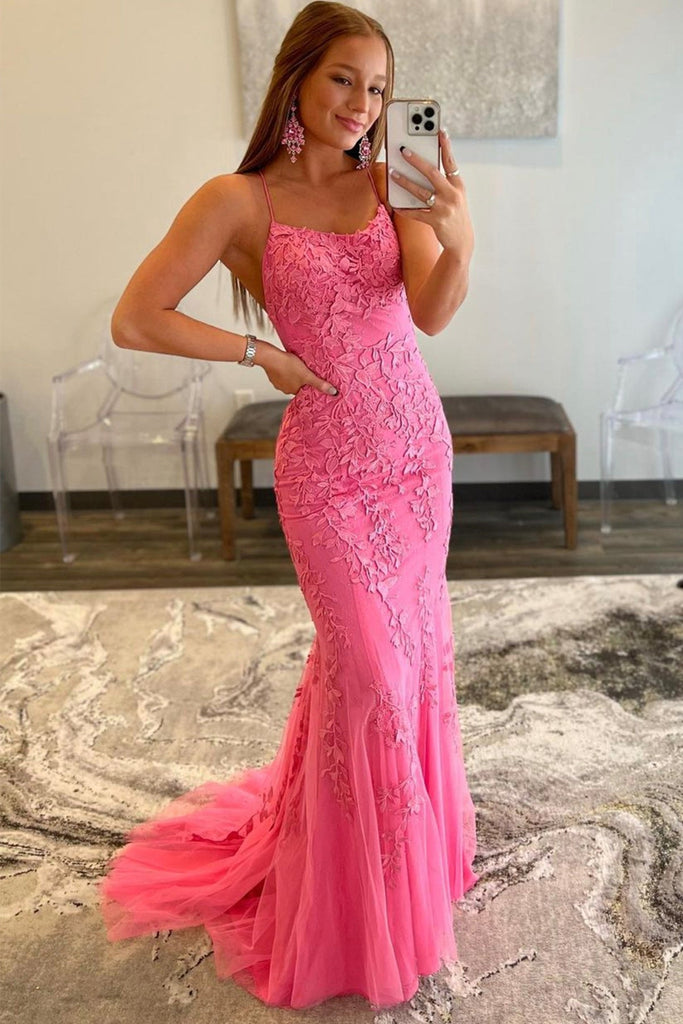 Backless Mermaid Hot Pink Lace Long ...